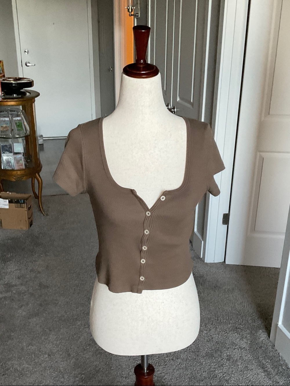 Ribbed Button-Front Crop Top - Brown